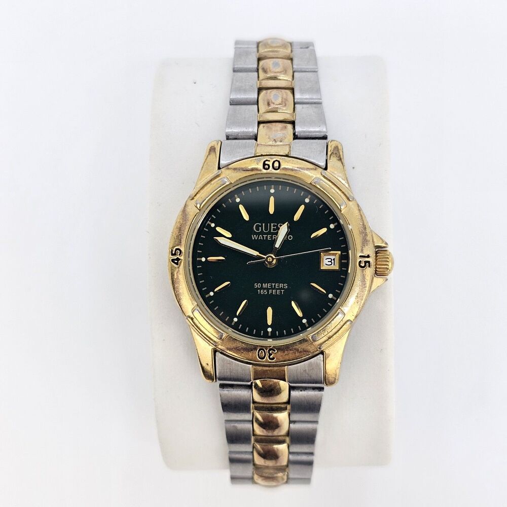 VTG Guess Women's Watch‎ 28MM Green Dial Date Two Tone Bracelet 6" New Battery